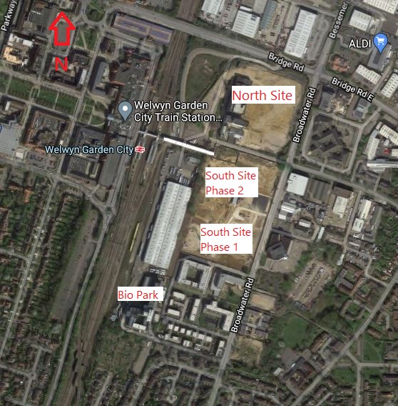 Aeriel Photo of Broadwater Deelopmetn Site Welwyn Garden City - Annotated