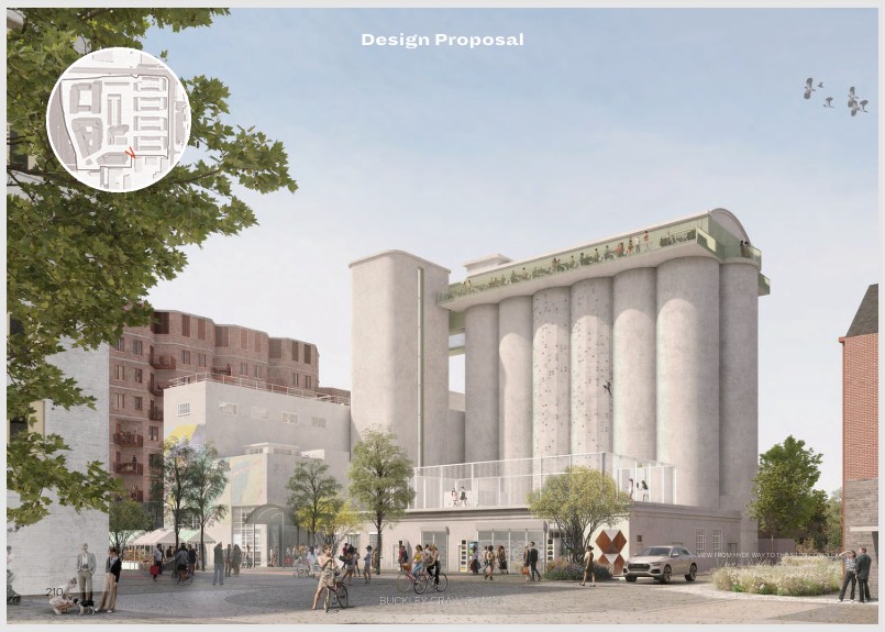 Ground level view looking North towards the Listed Silos from the corner of the proposed hotel.